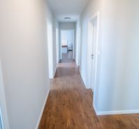 Na predaj 5i rodinný dom, novostavba, Vráble, pozemok 1200m2 - Chodba v rodinnom dome s podlahou s dreveným dekorom a bielymi stenami.