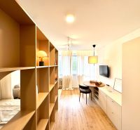 Na predaj úplne nový 1i byt od architekta v tichej časti Dúbravky - Interiér 1-izbového bytu s policovou priečkou a podlahou s dreveným dekorom.