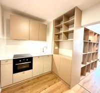 Na predaj úplne nový 1i byt od architekta v tichej časti Dúbravky - Kuchynská linka s varnou doskou a policami v 1-izbovom byte s podlahou s dreveným dekorom.