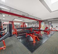 Na predaj PRIESTRANNÉ FITNESS CENTRUM na LUKRATÍVNEJ ADRESE RUŽINOVA - Fitness centrum s posilňovacími zariadeniami, lavicami a zrkadlami v obchodných priestoroch.