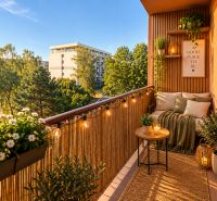 NA PREDAJ 2-IZBOVÉ BYTY, STROMOVÁ, KOŠICE- STARÉ MESTO - Košice - mestská časť Staré Mesto, Stromová: Utešený balkón 2-izbového bytu s príjemným posedením a zeleňou.