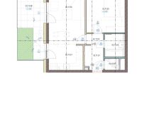 2-izbový byt s predzáhradkou, Brenner – Residence Ružinov. - Pôdorys 2-izbového bytu s tromi miestnosťami a malou terasou.
