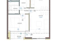 2-izbový byt s lodžiou Brenner – Residence, Ružinov - Pôdorys 2-izbového bytu s miestnosťami ako kúpeľňa, obývačka, spálňa a kuchyňa.