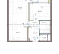 2-izbový byt s lodžiou BRENNER – Residence, Ružinov. - Pôdorys 2-izbového bytu s obývačkou, kuchyňou, kúpeľňou a spálňou, podlaha s dreveným dekorom.