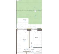 2-izbový byt s predzáhradkou, Brenner – Residence | Ružinov - Pôdorys 2-izbového bytu s terasou a záhradou, zobrazujúci usporiadanie miestností.