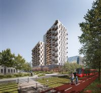 2-izbový byt s balkónom,  Brenner – Residence, Ružinov - Novostavba s balkónmi, cyklista a električka na Mlynských Nivách v Bratislave-Ružinove.