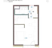 1-izbový byt s balkónom, Brenner – Residence, Ružinov. - Pôdorys 1-izbového bytu so západnou terasou, podlažie 3-11, plocha 34-35 m².