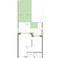 1-izbový byt s predzáhradkou, Brenner – Residence Ružinov. - Pôdorys 1-izbového bytu s terasou a vonkajšou záhradou, zobrazenie miestností a rozmiestnenia.
