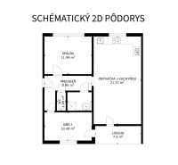 NA PREDAJ ŠTÝLOVÝ A VEĽKÝ 3-IZBOVÝ BYT, KOMPLETNÁ REK., LAMAČ - BA - Pôdorys 3-izbového bytu so spálňou, obývačkou s kuchyňou a loggiou.