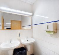 Kancelárie od 25,7 m² s parkovaním, recepcia 24/7 – Košická ul., Nivy - Kúpeľňa s dvomi umývadlami, veľkým zrkadlom a dávkovačom na mydlo v kancelárii.