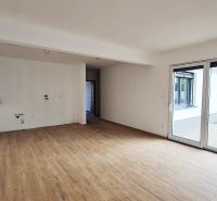 / Novostavba, moderný bungalov, dokončený na kľúč  - Rodinný dom s priestrannou miestnosťou, podlahou s dreveným dekorom a veľkými posuvnými dverami.