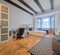 Veľký 3i byt, vysoké stropy,  pivnica, garáž, Murgašova, Staré Mesto - Spálňa v 3-izbovom byte s podlahou s dreveným dekorom a stropnými trámami.