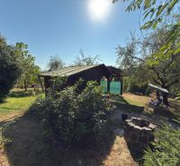 ? Predaj záhradkárskej chatky – Vinica, Lučenec – 20 000 € - Chata na Vinici v Lučenci obklopená zeleňou a stromami, s ohniskom v záhrade.