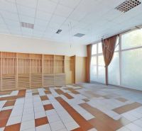 Klimatizovaný obchodný priestor - showroom alebo klinika,vstup z ulice - Interiér obchodných priestorov so vzorovanou dlažbou a veľkými oknami s priehľadnými závesmi.