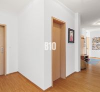 PRIESTRANNÝ 4-IZBOVÝ BYT S DVOMA BALKÓNMI | KRAMÁRE – ul. UHROVA - Chodba v 4-izbovom byte s podlahou s dreveným dekorom a svetlými stenami.