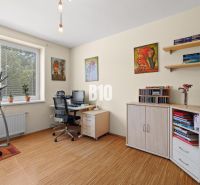 PRIESTRANNÝ 4-IZBOVÝ BYT S DVOMA BALKÓNMI | KRAMÁRE – ul. UHROVA - Pracovňa so stolom, kvetmi a cvičebným zariadením v 4-izbovom byte s podlahou s dreveným dekorom.