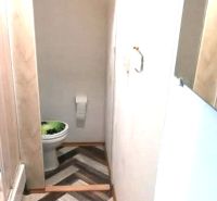 1- izbový byt - Košice - Juh, Ostravská ulica - Kúpeľňa s toaletou a podlahou s dreveným dekorom v 1-izbovom byte.