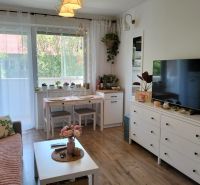 Prenájom 1-izbového bytu, Martin - širšie centrum - Obývacia izba v 1-izbovom byte s podlahou s dreveným dekorom a bielym nábytkom.