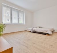 MINÚTU OD NÁMESTIA - VEĽKÁ GARSÓNKA V CENTRE - Garsónka s podlahou s dreveným dekorom, posteľou a veľkým oknom.