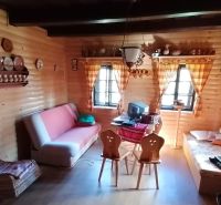 Dva vidiecke domy na pozemku 1,6ha D. Strehová (Prieloh), V. Krtíš. - Interiér rodinného domu s dreveným obkladom, pohovkou a tradičným nábytkom.