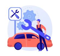 PRENÁJOM – KOMPLETNE VYBAVENÝ AUTOSERVIS S DLHOROČNOU HISTÓRIOU - Mechanik v monterkach s obrovským kľúčom pri aute a servisná tabuľa.