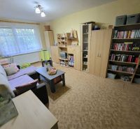 4 izbový byt Bánovce nad Bebravou /CENTRUM - STRED / 80 m2/ PIVNICA - Obývačka v 4-izbovom byte s veľkou pohovkou, stolíkom a knižnicou.