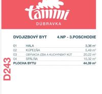 2-izb. byt Pri Hrubej lúke v projekte Tammi, pivnica, garážové státie - Pôdorys dvojizbového bytu v Dúbravke s výmerou 44,39 m² a balkónom.
