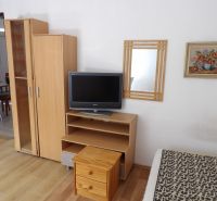 Nájomné bývanie v centre Serede - Televízor na nízkej skrinke, skriňa a zrkadlo v 2-izbovom byte s podlahou s dreveným dekorom.