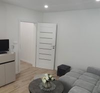 Novozrekonštruovaný 3-izb. byt, A. Gwerkovej, Petržalka - Ovsište - Obývacia izba s podlahou s dreveným dekorom, šedou sedačkou a konferenčným stolíkom v 3-izbovom byte.