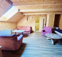 RD NA BÝVANIE AJ PODNIKANIE,1630m2,  SABINOVSKÁ Ul., PREŠOV - Obývacia izba rodinného domu s podlahou s dreveným dekorom a ružovými kreslami.