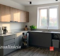 Krásny 1 izbový byt 45m2 + garáž - Kuchyňa v 1-izbovom byte s podlahou s dreveným dekorom a kuchynskou linkou.