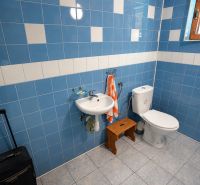 Investičná Príležitosť Chata - RD pri SKI MAKOV 4 959 m² pozem. - Kúpeľňa v rodinnom dome s modrými kachličkami, umývadlom a WC.