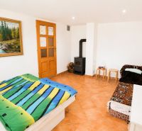 Investičná Príležitosť Chata - RD pri SKI MAKOV 4 959 m² pozem. - Spálňa s farebnou posteľnou bielizňou, pohovkou, kamnami a obrazom v rodinnom dome.