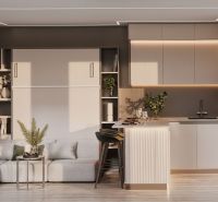Na predaj: Luxusný mobilný dom „ZEN HOUSE“ - ihneď k odberu - Interiér rodinného domu s kuchyňou, obývacou časťou a podlahou s dreveným dekorom.