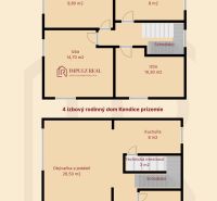 : Moderný rodinný dom Kendice na predaj - Pôdorys štvorizbového rodinného domu v Kendiciach s izbou, kuchyňou a kúpeľňou.