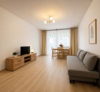 Pekný zariadený 3-izbový byt s 2 balkónmi | 85,3 m² | Petržalka I - Obývačka v 3-izbovom byte s podlahou s dreveným dekorom, sedačkou a jedálenským stolom.