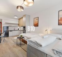 DOWNTOWN NA DOSAH – DIZAJNOVÝ 1-izbový apartmán s loggiou a výhľadom n - Štýlový 1-izbový byt s podlahou s dreveným dekorom a útulným nábytkom.