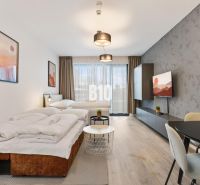DOWNTOWN NA DOSAH – DIZAJNOVÝ 1-izbový apartmán s loggiou a výhľadom n - Komfortný obývací priestor v 1-izbovom byte s podlahou s dreveným dekorom a veľkými oknami.
