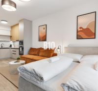 DOWNTOWN NA DOSAH – DIZAJNOVÝ 1-izbový apartmán s loggiou a výhľadom n - Interiér 1-izbového bytu s podlahou s dreveným dekorom, kuchyňa a posteľ.