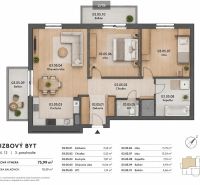 3- izbový byt v Stupave na Dlhej ulici  - Pôdorys 3-izbového bytu s dvoma balkónmi a podlahou s dreveným dekorom.