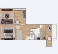 Moderný 3 izbový byt s balkónom a výhľadom na Zobor - Chrenová - Pôdorys 3-izbového bytu s podlahou s dreveným dekorom, obsahuje kuchyňu a kúpeľňu.