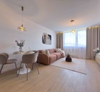 Moderný 3 izbový byt s balkónom a výhľadom na Zobor - Chrenová - Obývacia izba s pohovkou, jedálenským stolom a podlahou s dreveným dekorom v 3-izbovom byte.