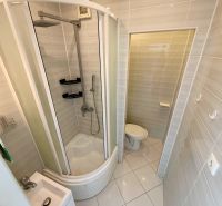 Na predaj kompletne prerobený 1 izbový byt, Vráble - Lúky, 36m2, 7/7 - Kúpeľňa so sprchovým kútom a toaletou v 1-izbovom byte, svetlé obklady.