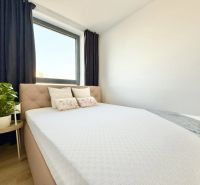 Prenájom 2 izbová NOVOSTAVBA, Jarabinková ulica, Bratislava II Ružinov - Spálňa v 2-izbovom byte s posteľou, rastlinou a veľkým oknom.