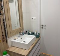 2,5 izbový byt v centre Lučenca - Kúpeľňa v 2-izbovom byte s umývadlom a nábytkom s dreveným dekorom.