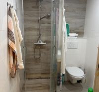 2,5 izbový byt v centre Lučenca - Kúpeľňa v 2-izbovom byte s podlahou s dreveným dekorom a sprchovacím kútom.