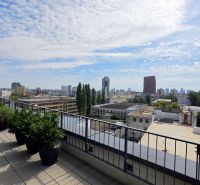 PENTHOUSE – moderný 2i byt s výnimočnou 69 m² terasou, AHOJ PARK - Výhľad z terasy na Bratislavu - Nové Mesto, Sliačska, 2-izbový byt, s rastlinami.