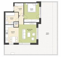 PENTHOUSE – moderný 2i byt s výnimočnou 69 m² terasou, AHOJ PARK - Pôdorys 2-izbového bytu s terasou a kuchyňou, kúpeľňou, komorou, spálňou a obývačkou.