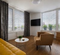 PENTHOUSE – moderný 2i byt s výnimočnou 69 m² terasou, AHOJ PARK - Obývacia izba s podlahou s dreveným dekorom a žltou pohovkou v 2-izbovom byte.