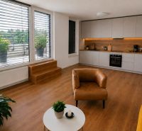 PENTHOUSE – moderný 2i byt s výnimočnou 69 m² terasou, AHOJ PARK - Obývacia izba v 2-izbovom byte s kuchynskou linkou a podlahou s dreveným dekorom.